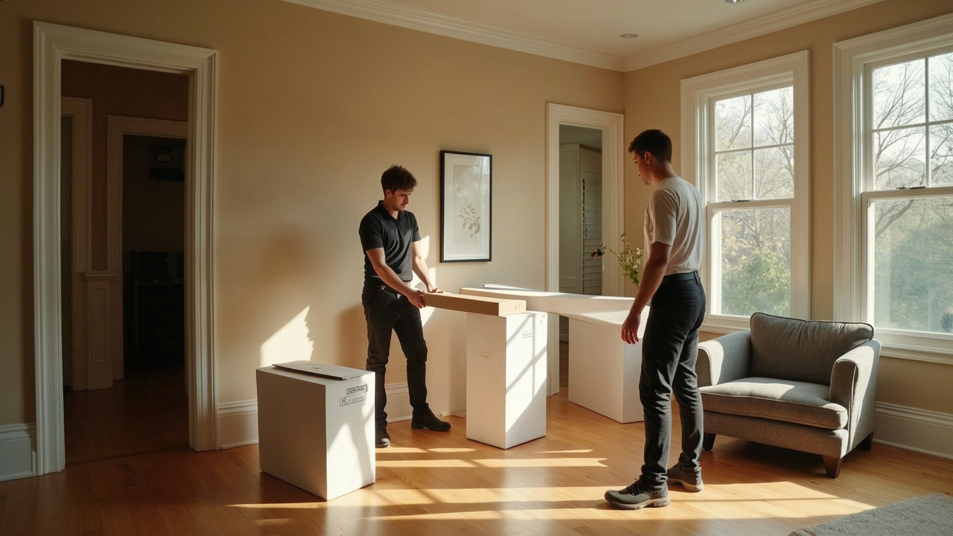 Professional white glove movers carefully wrapping furniture in a Dallas luxury home