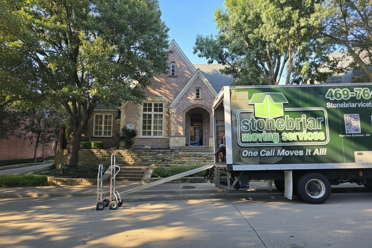 Stonebriar Moving crew handling luxury furniture near The Vendome condominiums in Turtle Creek, Dallas