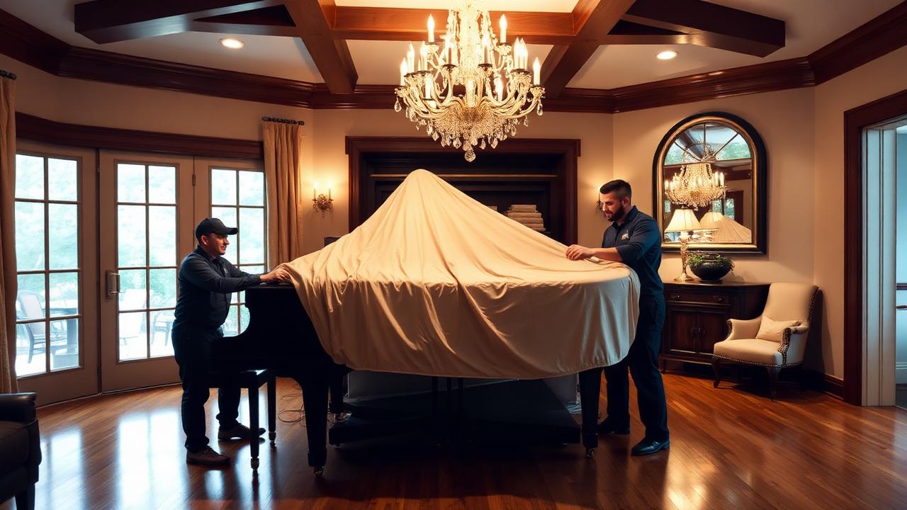 Stonebriar Moving team wrapping a grand piano inside a Highland Park estate home