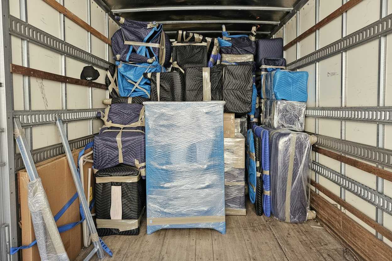 Stonebriar Moving crew with professionally packed truck near Blue Ciel condominiums on Carlisle Street in Dallas