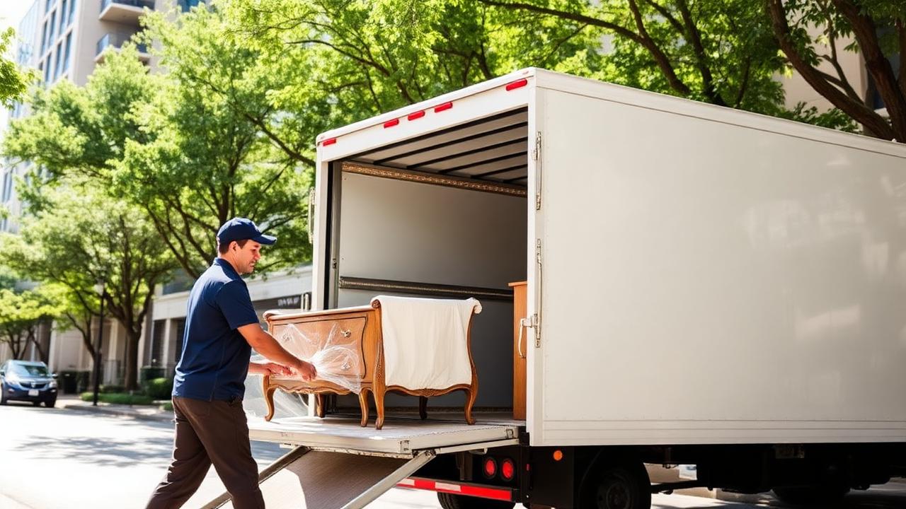 Professional mover loading wrapped furniture into a truck on an Uptown Dallas street